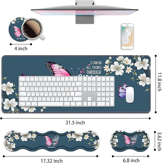 Ergonomic Keyboard Wrist Rest & Mouse Pad Wrist Rest Set, Large XXL Gaming Desk Mat 31.5"x 11.8" with Non-Slip Base for Home Office Study Gaming, Floral Butterfly Quote Bible Verse Philippians 4:13