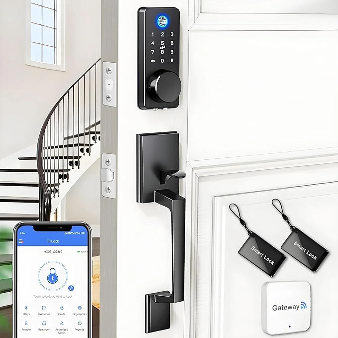 WiFi Smart Keyless Entry Door Lock Set w/Front Door Handle, 0.1s Fingerprint Biometric Unlock, APP/Passcodes/Cards Control, Auto Lock Keypad Deadbolt, Easy Install for Entry Bedroom