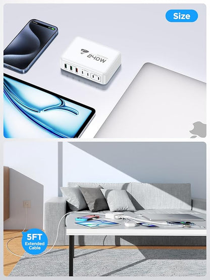 240W USB C Charging Station, 7-Port GaN USB C Charger Block, 100W Laptop USB C Fast Charger Compact 100W Laptop Charger Hub Wall Charger Adapter for MacBook Pro/Air,iPhone 16/15/14/13,Samsung S24