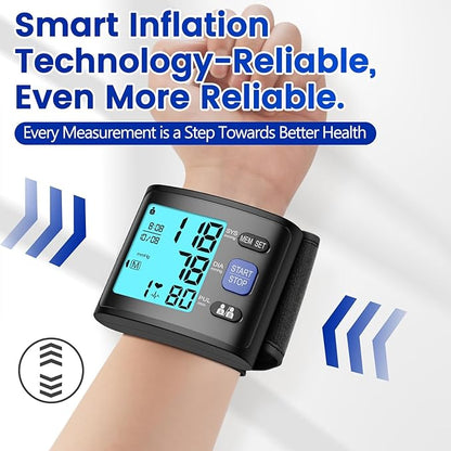 Blood Pressure Monitor Wrist Blood Pressure Cuff Automatic BP Machine with Backlit Display, 2x90 Memory, Voice Broadcast, Measurable Board Carrying Case and AAA Battery Bp Monitor(Black)