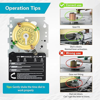 T104M Mechanical Timer Switch Mechanism Only, 208-277V 40A DPST, Heavy Duty Outdoor Timer for Pool Pump, Water Heater, Lighting – 24-Hour, 12 ON/Off Cycles.