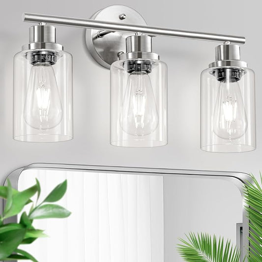 Guliaofo 3-Light Brushed Nickel Vanity Lights, E26 Modern Bathroom Light Fixtures with Clear Glass Shade, Wall Lamps for Mirror Kitchen Hallway Cabinet Living Room Sconces Lights