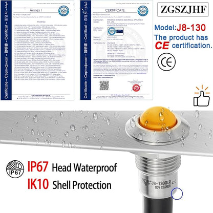 ZGSZJHF UL Listed Mini Indicator Light 8mm 0.31" Waterproof IP67 110V-120V Domed Sphere High Head Metal 304-Stainless Steel LED Lamp Pilot Light with 140mm Wire Yellow
