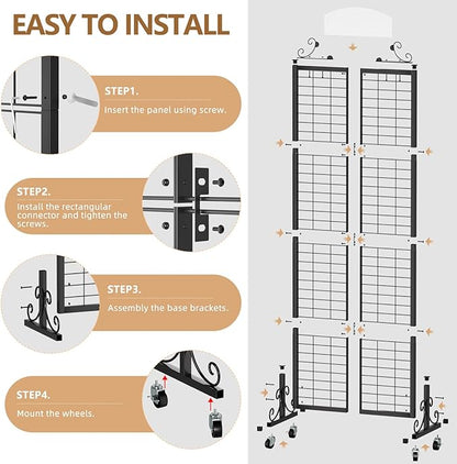 Urban Deco Grid Wall Panel Display Stand, 2.2' x 6.2' FT Gridwall Panel with Extra 8 Hooks, Craft Show Display Rack Black Metal Grids Standing Wire Rack for Retail Merchandise