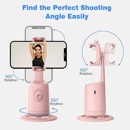 Auto Face Tracking Tripod, 360° Rotation Face Body Phone Camera Mount Smart Shooting Phone Tracking Holder with Remote,No App, Gesture Control,Smart Shooting Holder for Vlog, Streaming,Tiktok-Pink