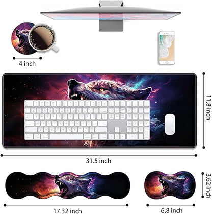 4 in 1 Ergonomic Keyboard Wrist Rest & Mouse Pad Wrist Rest Set, Large XXL Gaming Desk Mat 31.5"x 11.8" with Non-Slip Base, Memory Foam for Home Office Study Gaming, Wolf Howling