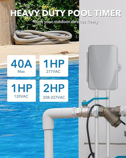 BN-LINK Pool Pump Timer, Outdoor Timer Box, Heavy Duty, 2HP 40A Max, 120, 240, 277 VAC, for Pool Pump, Water Heater, Fans, SPA, ETL Listed (Digital)
