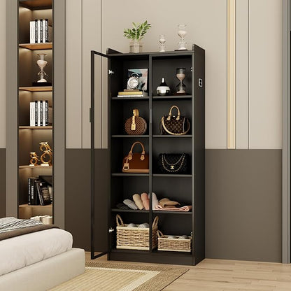 Dystler Display Cabinet with Doors and Adjustable Shelves, 65" Tall Bookcase with LED Lights/Human Sensor, 5 Tier Display Case for Collectibles Bedroom Living Room Office, Black