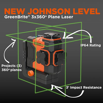 Johnson Level & Tool JLN300-GN3360 Laser Level, Self Leveling, 3x360° Plane Laser with GreenBrite® Technology, Magnetic Base, Hard-shell Carry Case, Lithium Ion Battery, Magnetic Target, Track Mount