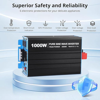 1000W Pure Sine Wave Inverter,1 USB Port 5v/2.1a,LCD Display&Remote Controller for Home, RV, Truck
