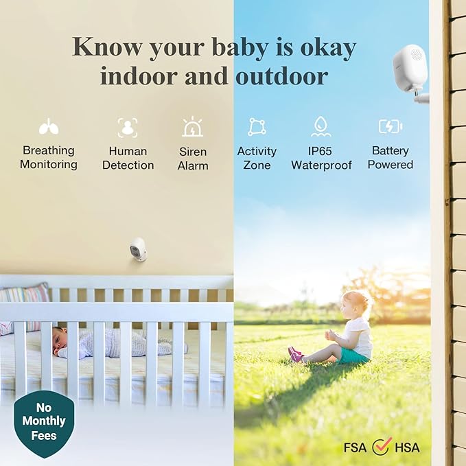 Sense-U Battery Baby Monitor Smart Security Camera, Indoor/Outdoor Use, AI Breathing Detection, 1080p Video Monitor, Weatherproof Wireless Camera, 2-Way Audio, No Monthly Fee
