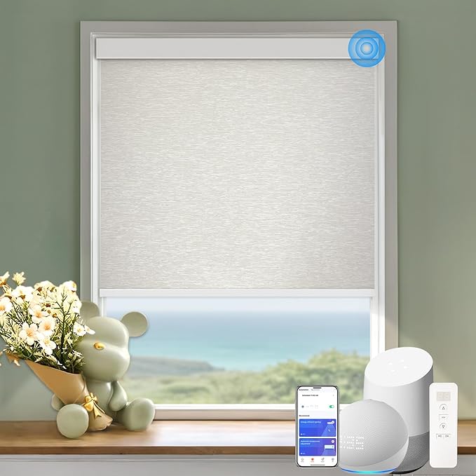 COOLWINDS Motorized Blinds with Remote Cordless Automatic Motorized Shades Custom Blinds for Windows Smart Curtains Compatible with Alexa Google Home(Blackout Jacquard Beige,W35 x H72in)