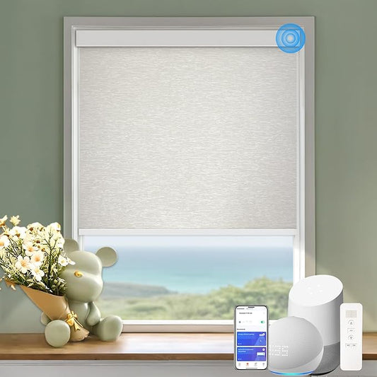 COOLWINDS Motorized Blinds with Remote Cordless Automatic Motorized Shades Custom Blinds for Windows Smart Curtains Compatible with Alexa Google Home(Blackout Jacquard Beige,W27 x H72in)