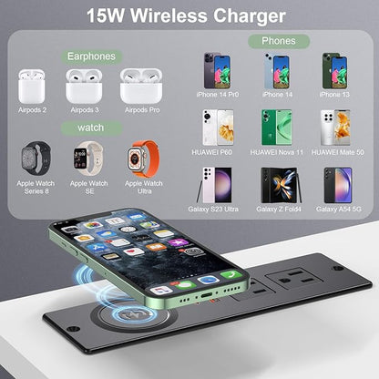 Recessed Power Strip with 15W Wireless Charger, Haiaoyyds Flush Mount Power Strip with 2 Outlets, 2 USB, and 6.56FT Flat Plug Cable, Furniture Recessed Outlet for Drawer, End Table, Sofa, Cabinet