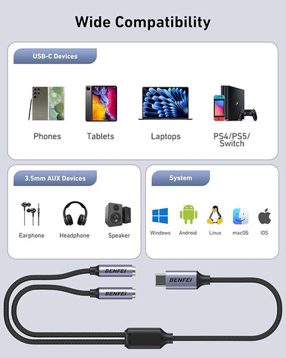 BENFEI USB C to Dual 3.5mm Audio Splitter, Headphone Adapter for 2 People to Share Music & Movies, Compatible with iPhone 16/15 Pro Max/Pro/Plus, Samsung GalaxyS23/S22, iPad Pro, MacBook, Pixel & More