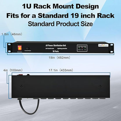 ThePoEstore 10 NEMA 5-15R Outlet Surge Protector PDU, 120V 15A 3600J 10KA, 1U Rack Mount Power Strip for Network Server Racks, AV Equipment, & More - 14AWG 6ft Cord