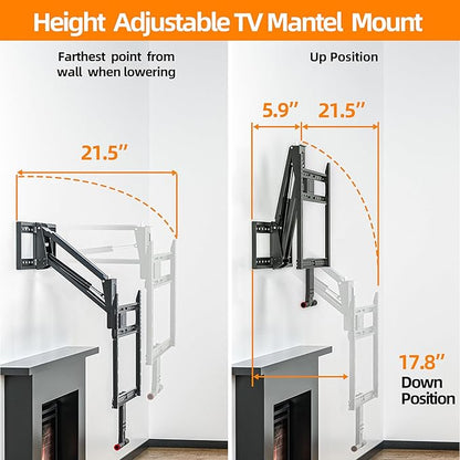 Pull Down TV Mount for Fireplace, Height Adjustable for Most 43-80 Inch TVs, Max VESA 600x400mm up to 80lbs, Full Motion Articulating Above Mantle Installation