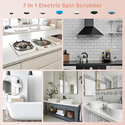 Electric Spin Scrubber, Hillyfe Bathroom Scrubber Electric with 7 Replaceable Brush Heads, IPX7 Waterproof,300/400 RPM, 3 Adjustable Length,Scrubber Brush Electric for Bathtub Floor,Pink