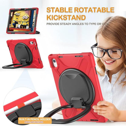 BRAECN Kids Case for iPad (A16) 11th/10th Generation 11”/10.9'' 2025/2022, Heavy Duty Rugged Silicone Cover w/Swivel Ring Stand/Stable Kickstand/Shoulder Strap/Pencil Holder/Screen Protector, Red