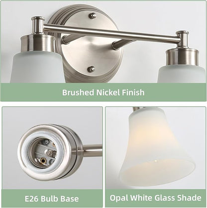 LOUSACE 2 Light Bathroom Vanity Light Brushed Nickel Bathroom Lighting Fixtures Over Mirror with Opal White Frosted Glass, Vintage Traditional Wall Lighting Fixture Satin Nickel Vanity Lights