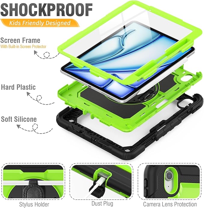 HXCASEAC Case for iPad Air 11 inch (2025 M3 / 2024 M2), Shockproof Design with Pencil Holder/Screen Protector/Rotating Hand Strap, Protective Cover for iPad Air 7th/6th Generation - Green