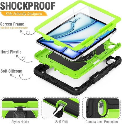 HXCASEAC Case for iPad Air 11 inch (2025 M3 / 2024 M2), Shockproof Design with Pencil Holder/Screen Protector/Rotating Hand Strap, Protective Cover for iPad Air 7th/6th Generation - Green