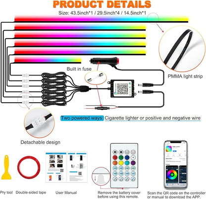 Jushope Interior Car LED Strip Lights, Acrylic LED Lights for Car with Dynamic Dreamcolor Chasing, Ambient Lighting Kits Music Sync Wireless APP and RF Remote Control (6 in 1)