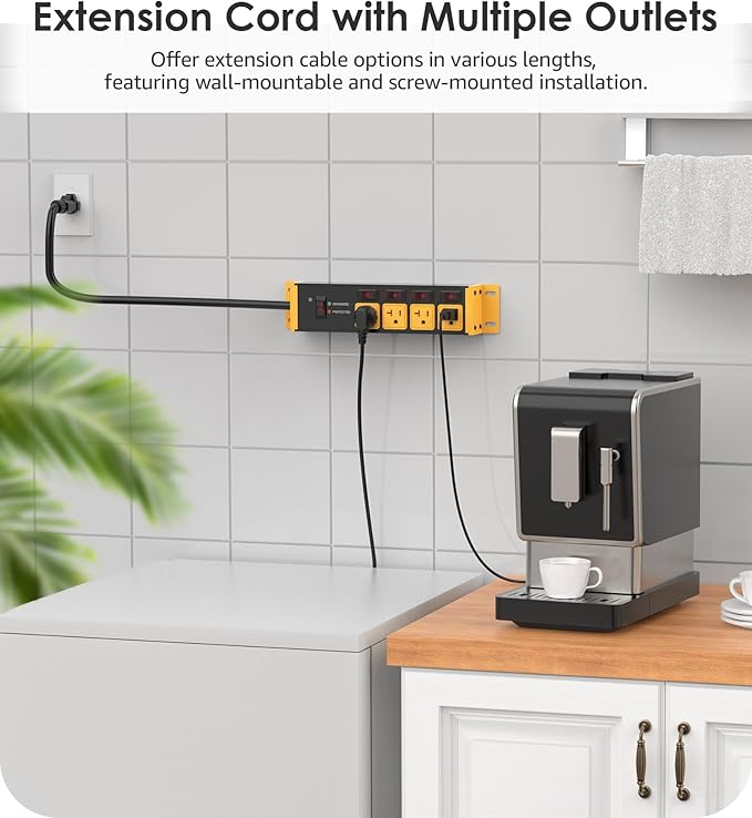 CCCEI Heavy Duty Surge Protector Power Strip 20 Amp Individual Switches. 6FT 12 Gauge Extension Cord with Multiple Outlets. Kitchen, Garage, Shop, Industrial Wall Mount Electric Extender, Yellow.
