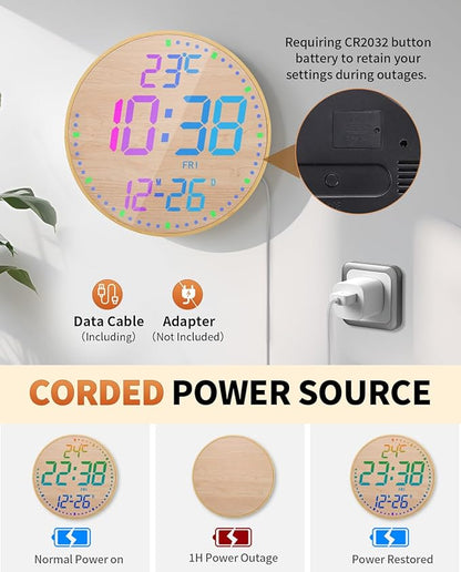 GLOKUUCA 12" Large Digital Wall Mount Clock, Count Down Timer, Alarm, Big LED, 12 RGB Color, Temperature for Living Room Classroom Desk (Bamboo Elements)