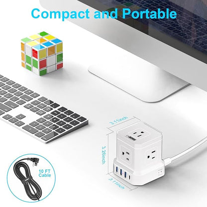 Uncaged Ergonomics Cube Power Strips w/Surge Protection, 10ft Extension Cord with Multiple Outlets, 5 AC Plugs, 3 USB (1C Port) Fast Charging Power Strip with USB Port, On/Off Switch Charging Station
