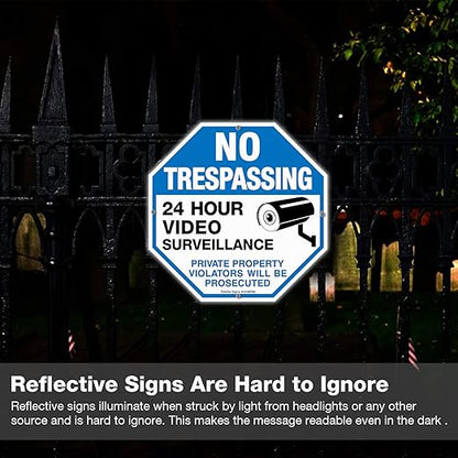 2-Pack No Trespassing Sign Private Property Protected By Video Surveillance Violators Will Be Prosecuted Sign, 10 x 10 Inch Reflective Aluminum, UV Protected, Weather/Fade Resistant, Easy to Install