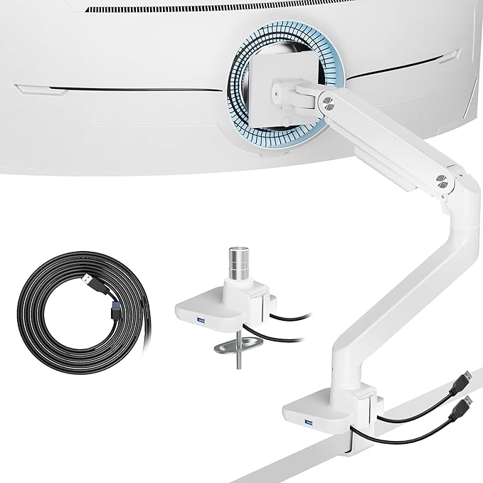ARES WING Ultrawide Monitor Arms White with USB A/C, Heavy Duty Monitor Arm for 17 to 49 inch Screen, Holds 44 lbs, Adjustable Gas Spring Desk Mount with Clamp and Grommet Base