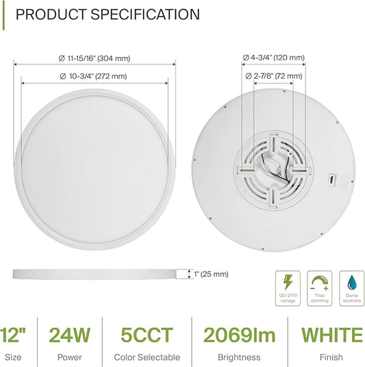 ASD LED 12" Round Flush Mount Ceiling Light Fixture, Low Profile Surface Lighting | 5CCT, Dimmable, Ultra-Thin, ETL Listed | 24W 2000LM 2700-6000K 100-277V | Kitchen, Hallway Lamp | White, 4 Pack