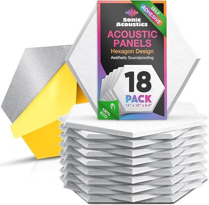 Acoustic Panels 18 Pack Soundproof Wall Panels, 14" X 12" X 0.4" Sound Proof Panles, High-Density Wall Decoration Sound Absorbing Panel, Hexagon Wall Panel for Home Office with Self-Adhesive (White)