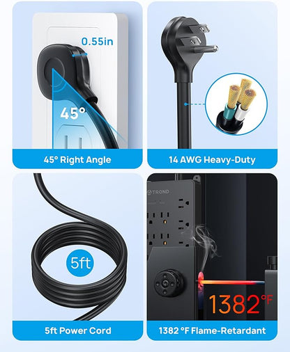 TROND Surge Protector Power Strip with USB Ports, 5ft Flat Plug Extension Cord, 22 Widely Spaced Outlets with 4 USB, 4000 Joules, 14AWG Heavy Duty, ETL Listed, Wall Mountable for Home Office, Black