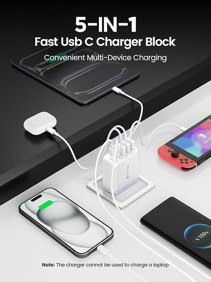 USB C Charger Block, Type C Charger Fast Charging,Total 50W 5-Port USB Wall Chargers Multiport Type C Charging Block Cube for iPhone 16 15 14 13 12 11 Pro Max XS, iPad, Samsung & More-White