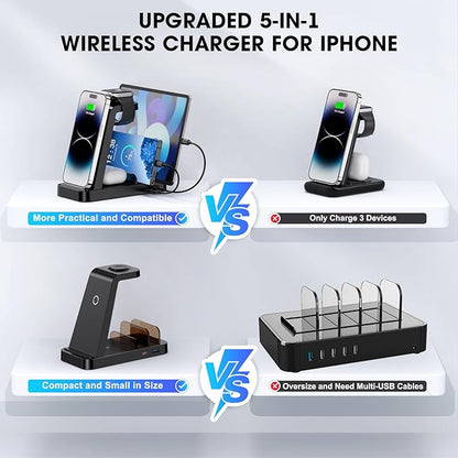 Wireless Charger for iPhone - 5 in 1 Charging Station for Multiple Devices Apple: Fast Wireless Charging Stand Dock for iPhone 16e 16 15 14 13 12 Pro Max Apple Watch Airpods