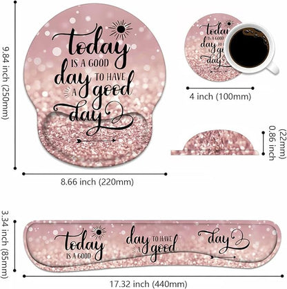 Keyboard Wrist Rest + Mouse Pad Wrist Support Set with Coasters, Today is a Good Day to Have a Good Day Inspirational Quote with Non-Slip PU Base Ergonomic Mousepad for Home Office Working Studying