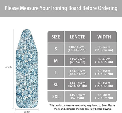 ZCFYGDX William Morris Decor Ironing Board Cover - Elastic Edges Nylon Buckle Straps Hook & Loop Fastener Strap,Easy to Install Scorch-Resistant Stain Resistant Standard,Blue Floral Leaf Print