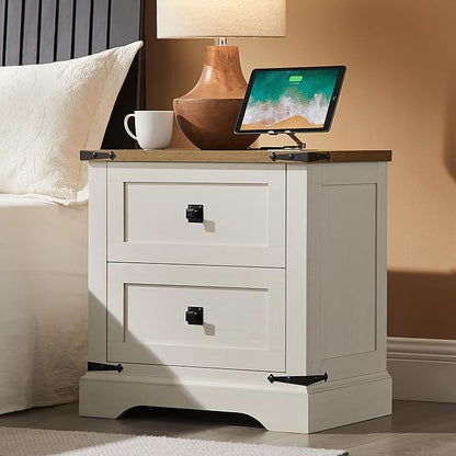 T4TREAM 24" Farmhouse Nightstand with Charging Station Set of 2, Large End Table with 2 Storage Drawers, Rustic Wood Sofa Bedside Table for Bedroom, Antique White