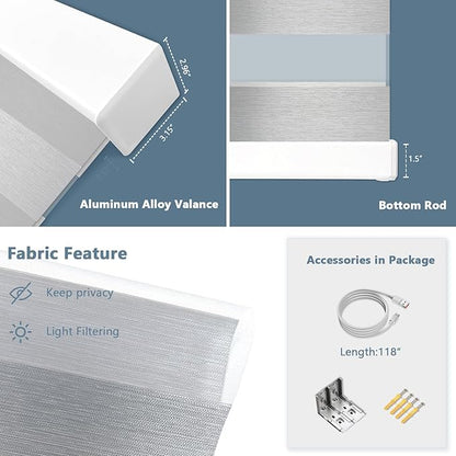 COOLWINDS Motorized Zebra Blinds for Windows Cordless Electric Curtains with Remote Control Blackout Shades Custom Smart Blinds Compatible with Alexa Google Home(Light Filtering Grey,W33 X 72in)