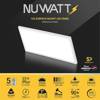 NUWATT 1x2 FT LED Flat Panel, 5CCT 2700K/3000K/3500K/4000K/5000K Selectable, 2000LM, 22W, Internal Driver, Dimmable, 120V, CRI90, 1 x 2 Surface Mount Panel, 12x24 Flush Mount LED Light, 1" Inch Thin