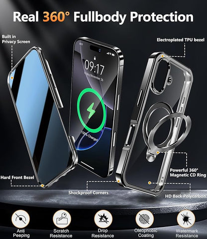 [360° Rotatable CD Stand & Built-in Privacy Screen Magnetic Case for iPhone 16 [Compatible with MagSafe & Full Signal] Mil-Grade Shockproof Full Body Anti-Spy Cover for 16-Black