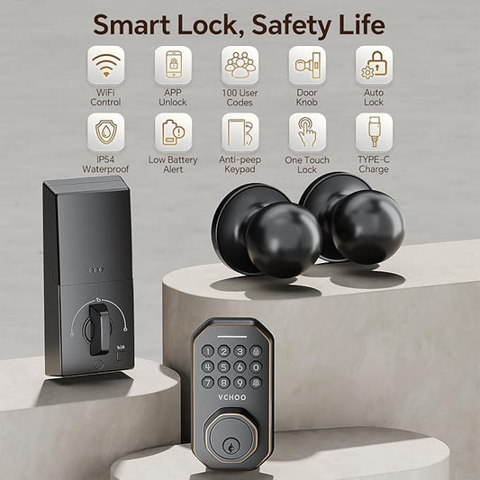 VCHOO Keyless Entry Door Lock Set WiFi Smart App Control Door Lock for Front Door Keypad Deadbolt with 2 Knobs Auto Lock One Time Codes Easy Install, Bronze
