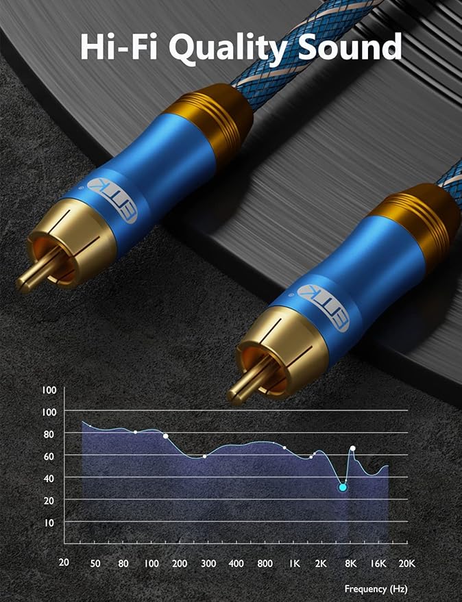 EMK Subwoofer Cable (6.6ft/2m) -Digital Coaxial/Subwoofer Cable Dual Shielded with Gold Plated RCA to RCA Connectors -Top Blue Series