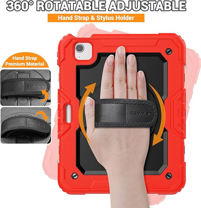 SEYMAC for iPad Air 5th/4th Generation Case 10.9 Inch, Full-Body Heavy Duty Protective Case with Rotating Stand, Screen Protector and Hand/Shoulder Strap for Air 5/ Air 4, Red