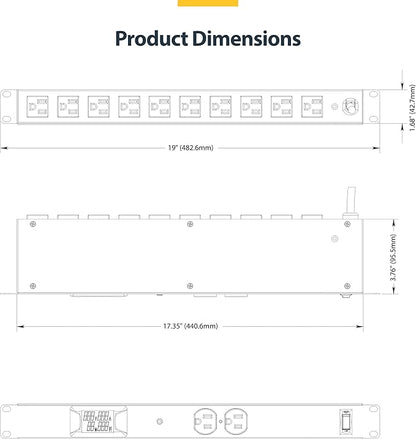 StarTech.com 12-Outlet Horizontal Rack Mount Metered PDU, 1U Server Power Strip w/Surge Protector, 8ft/2.4m Power Cable, TAA