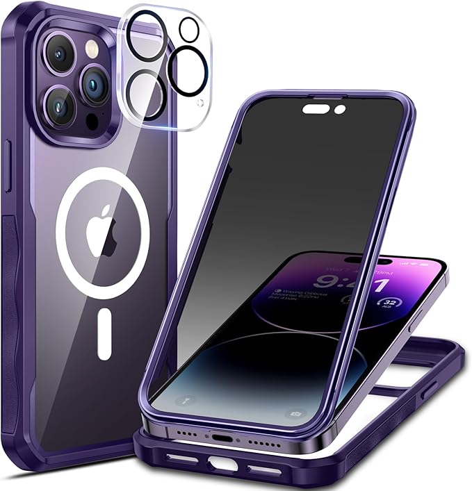 seacosmo for iPhone 14 Pro Max Case, Full Body Bumper with Built-in 9H Tempered Glass Privacy Screen Protector and Camera Lens Protector, Compatible with MagSafe, Shockproof Phone Cover, 6.7", Purple