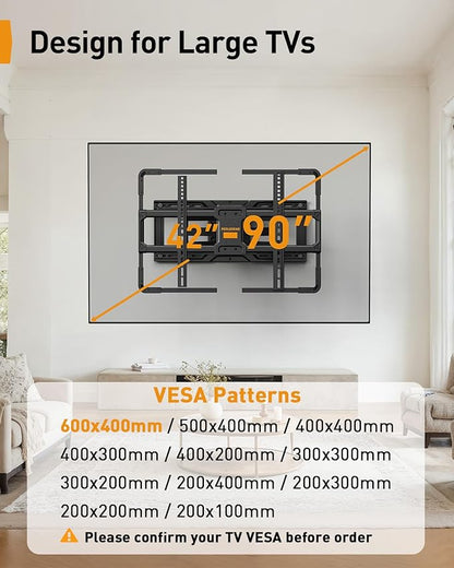 Perlegear AuraFrame™ Pre-Assembled TV Wall Mount with LED Light for 42″–90″ TVs up to 150 lbs, Full Motion Wall Mount, Tilt, Swivel & Extension, TV Backlights with Music Sync, Max VESA 600 x 400mm