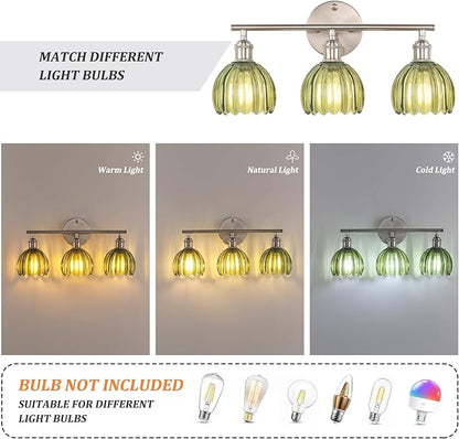 Shenmoyl Bathroom Light Fixtures, 3-Light Vanity Wall Light Over Mirror with Green Tulip Glass Shade for Bedroom Living Room (Bulb Not Included), Satin Nickel